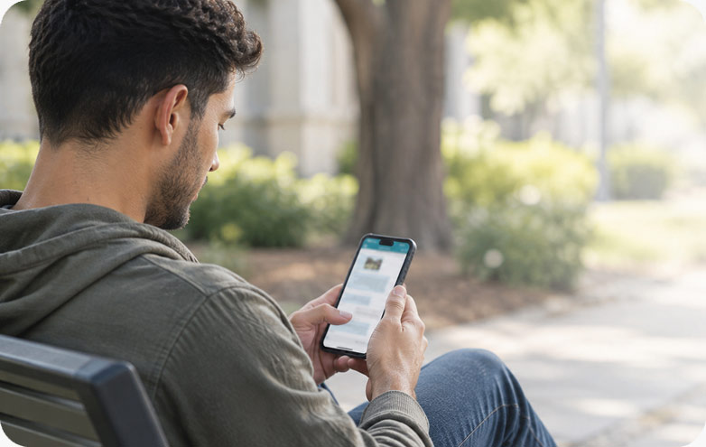 photo of man on park bench using message app on smartphone