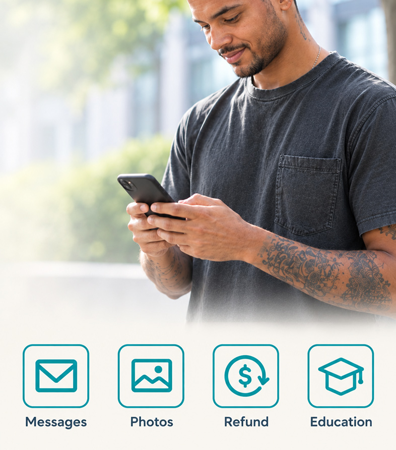 Infographic: photo of man looking at phone with icons labeled Messages, Photos, Refund, Education