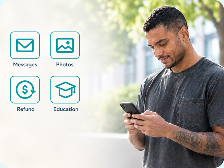 Infographic: photo of man looking at phone with icons labeled Messages, Photos, Refund, Education