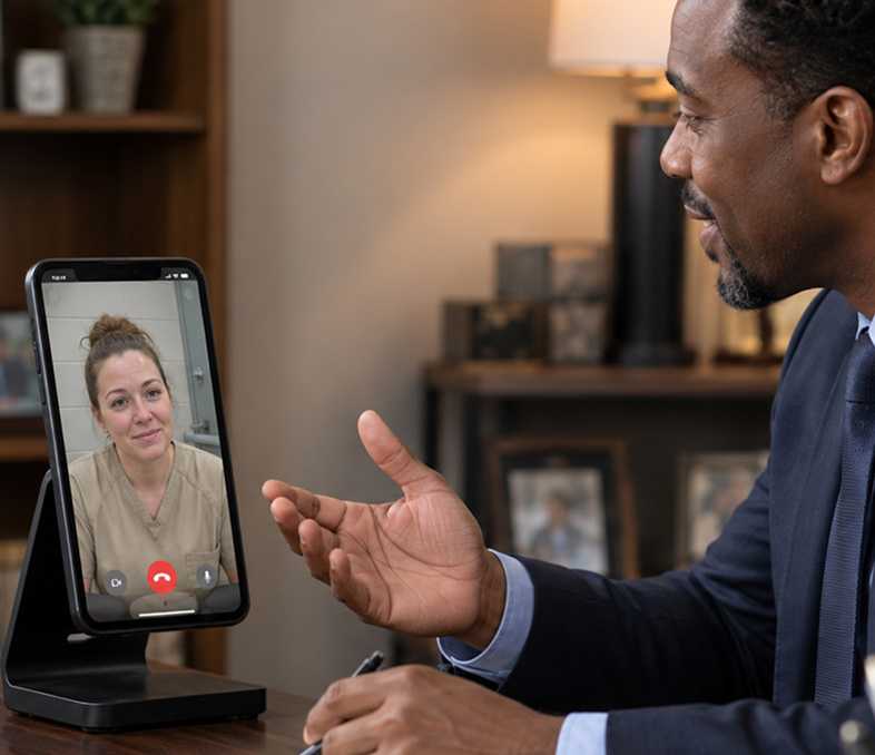 Lawyer video visiting on tablet with incarcerated person