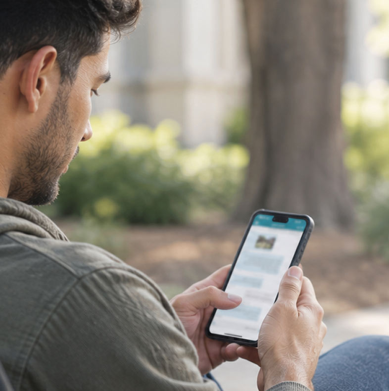 photo of man on park bench using message app on smartphone