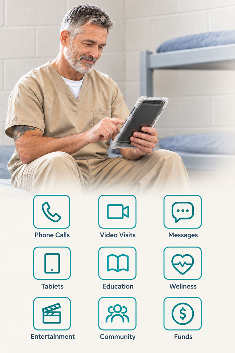 Infographic: photo of inmate using a tablet in his cell with icons labeled Phone Calls, Video Visits, Messages, Tablets, Education, Wellness, Entertainment, Community, Funds
